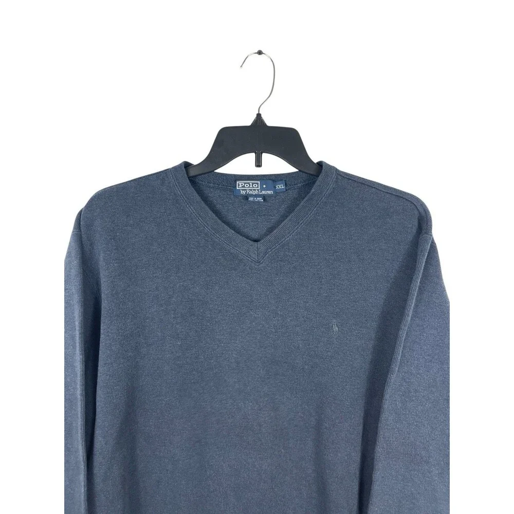 Polo Ralph Lauren XXL V-neck Blue Heavy Ribbed Sweatshirt 100% Cotton Logo